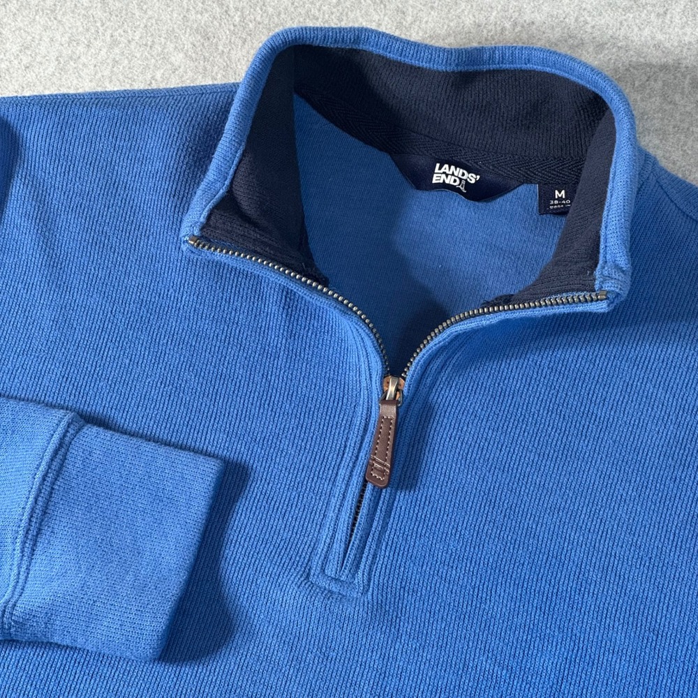Lands End Mens Blue Ribbed Quarter Zip Pullover Sweater Size M 38-40